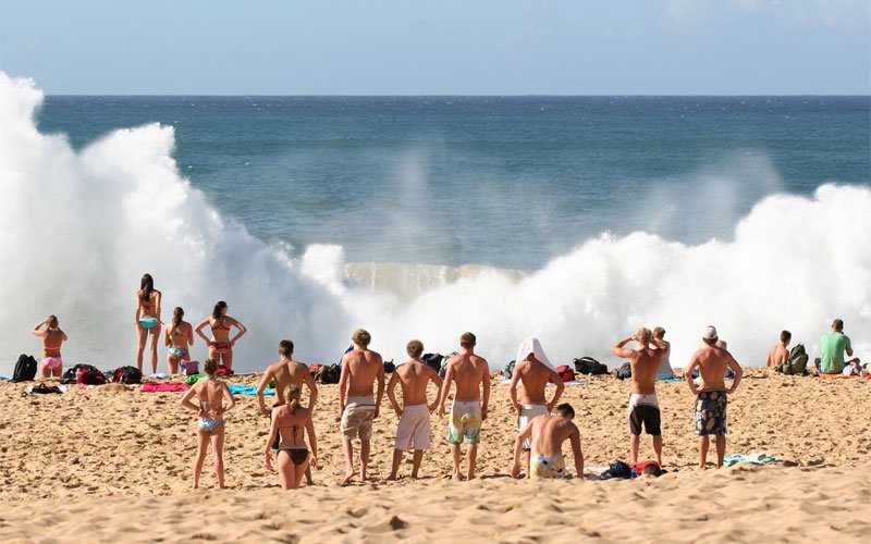 Surfers watching crashing waves at Waimea Bay