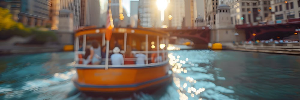 Blurry Chicago River Tour Boat with Cityscape Backdrop and Copy Space