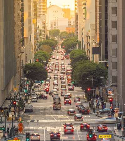 Beautiful sunset of Los Angeles downtown skyline in CA,