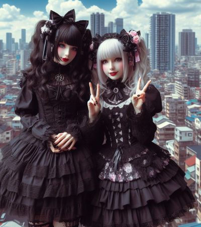 Two Gothic Lolitas in a cityscape