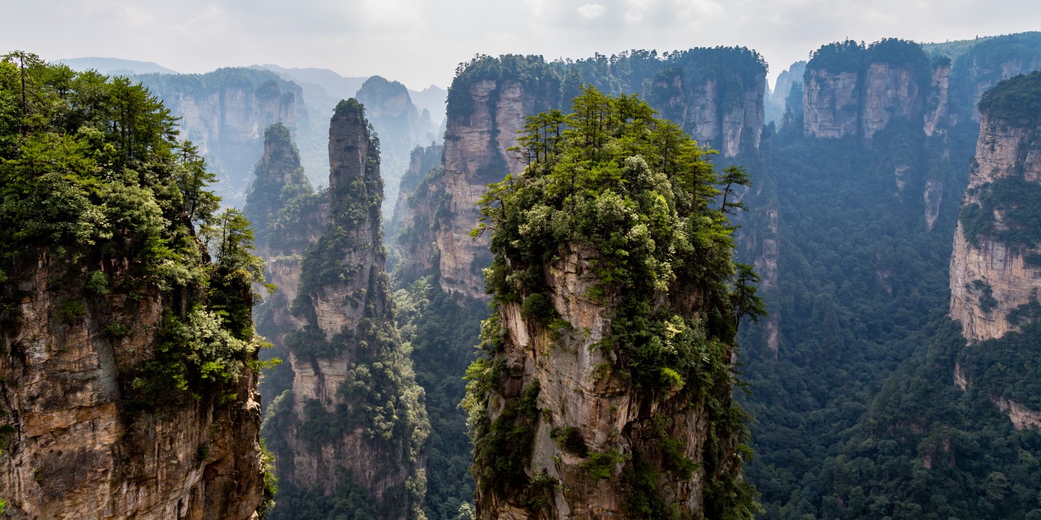 Natural quartz sandstone pillar Hallelujah Mountain, 1,080 m is located in the Zhangjiajie Wulingyuan National Park, Yuanjiajie Area, Hunan, China.