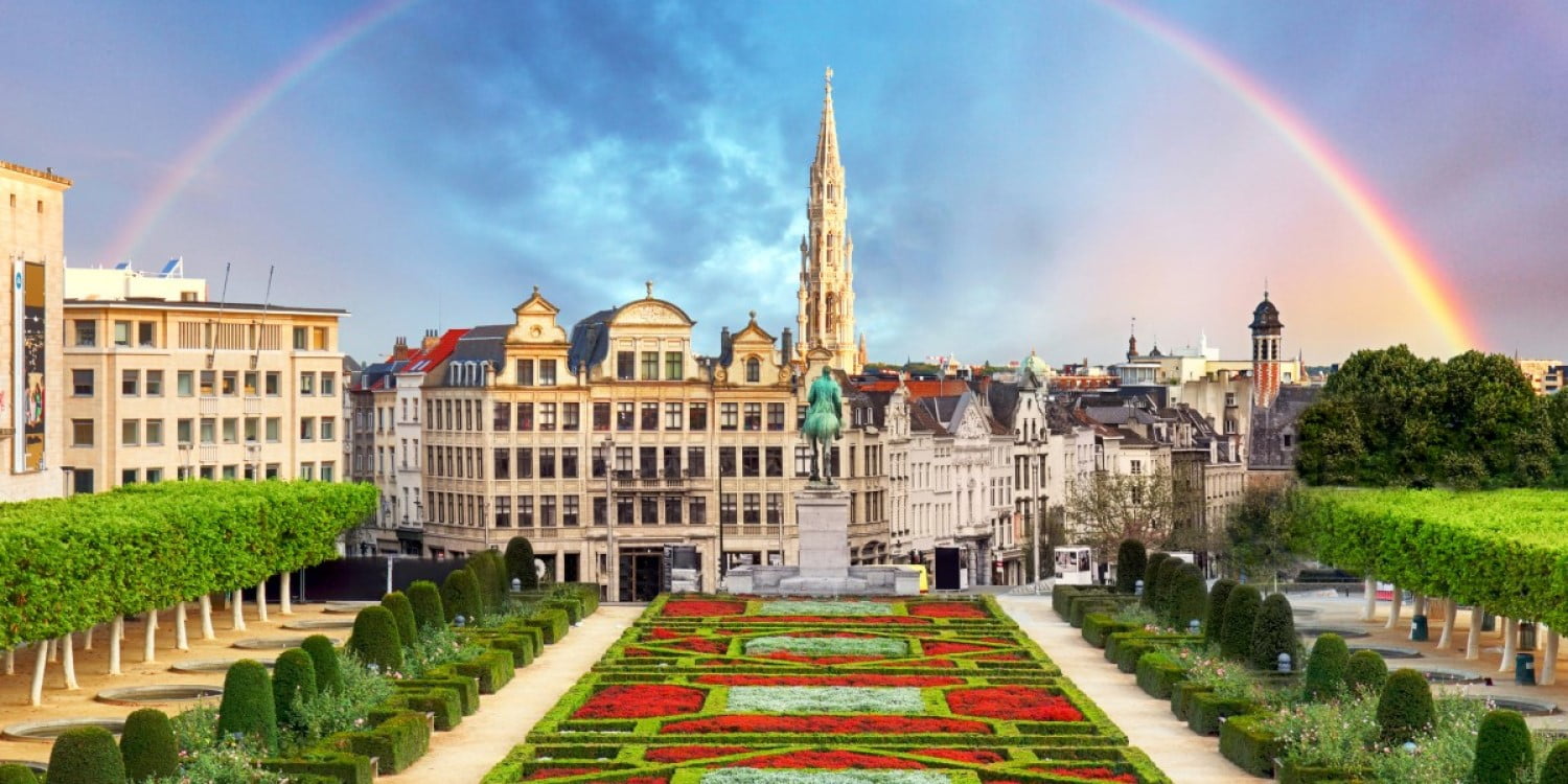 Brussels, Belgium, mansions and old town hall tower