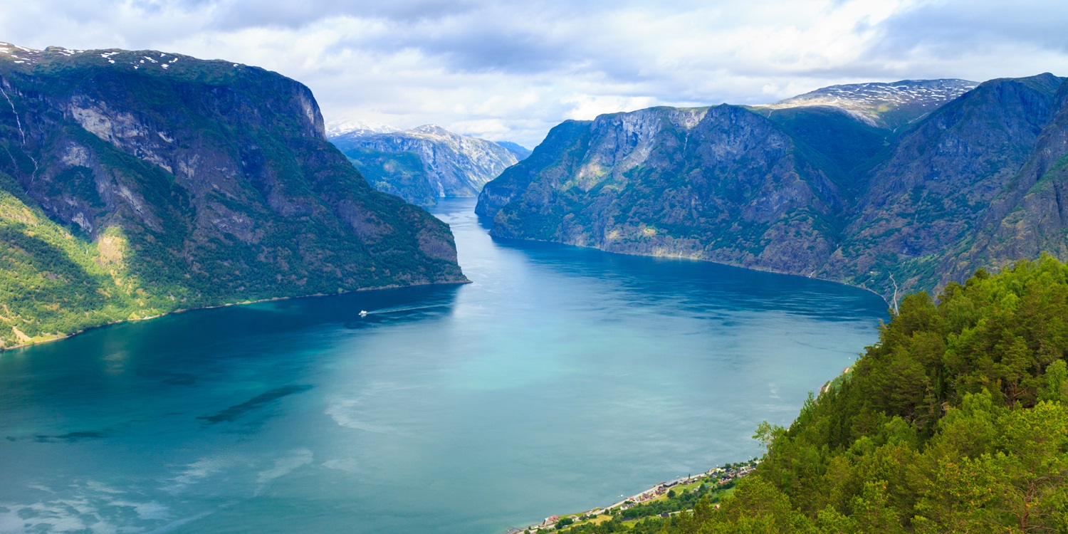 Tourism vacation and travel. Beautiful view of the Aurland fjord landscape from Stegastein viewpoint, Norway Scandinavia.