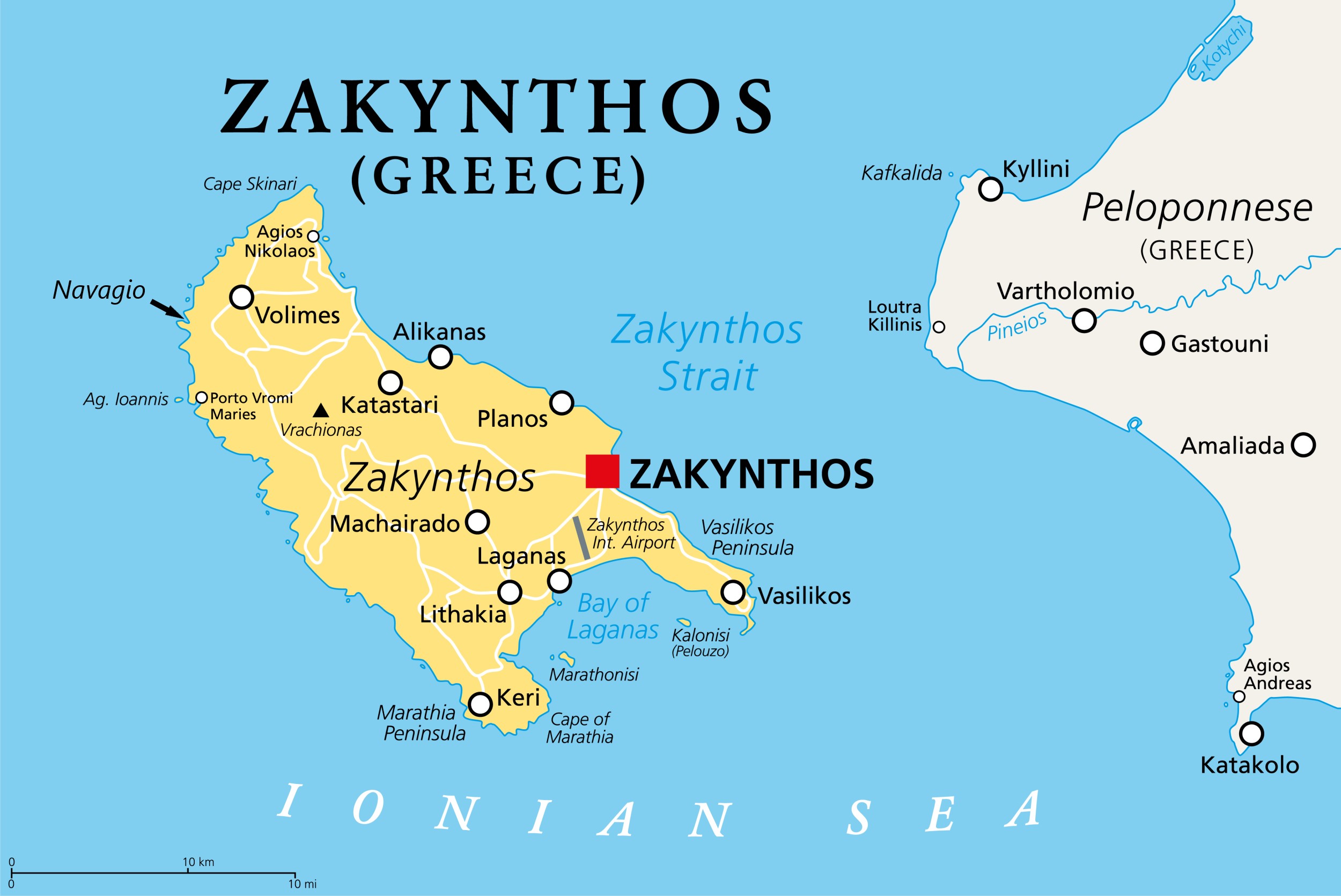 Zakynthos, Greek island, political map. Also known as Zakinthos or Zante, part of the Ionian Islands in Greece, and separate regional unit, with the same named capital Zakynthos. Illustration. Vector.