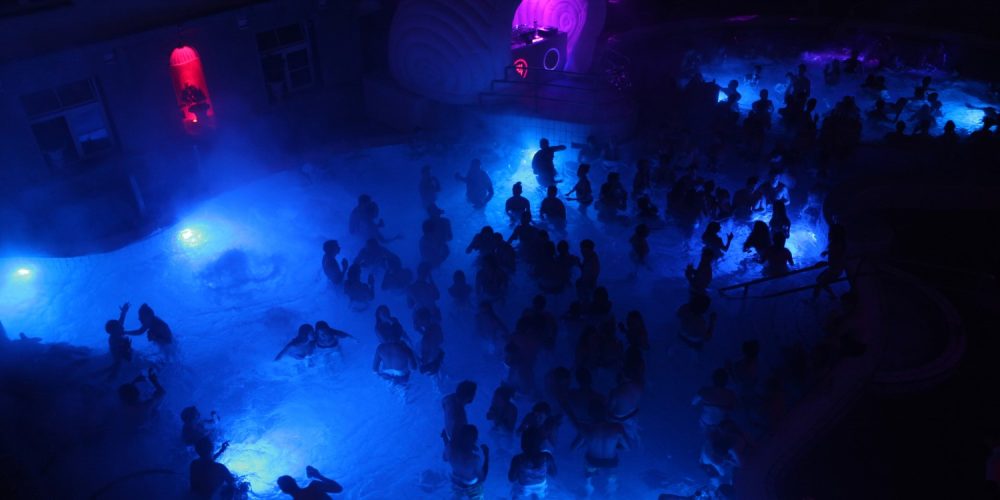Night Party in a Thermal Bath in Budapest, Hungary