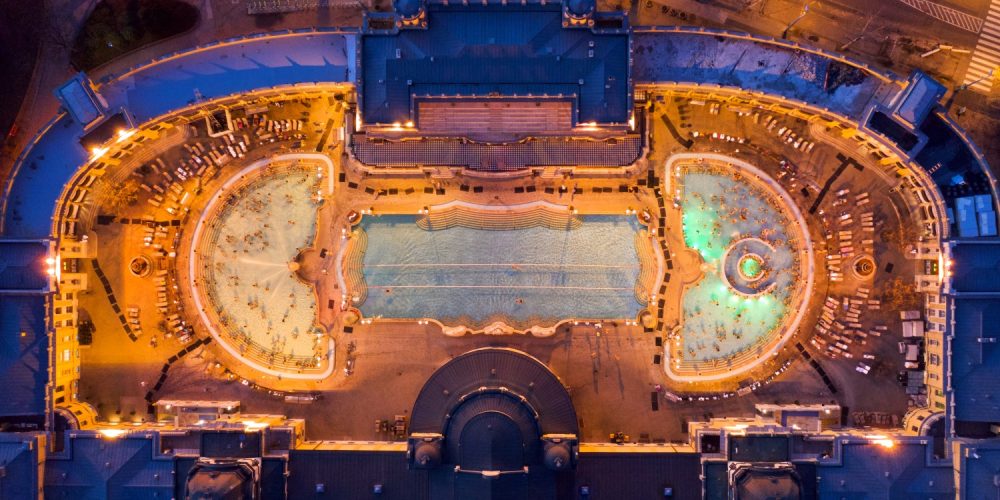 Europe, Hungary, Budapest. Aerial Photo from a thermal bath in Budapest. Szechenyi thermal bath is located center of Budapest.