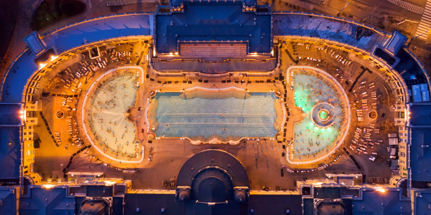 Europe, Hungary, Budapest. Aerial Photo from a thermal bath in Budapest. Szechenyi thermal bath is located center of Budapest.