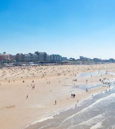 Scheveningen beach with Kurhaus landmark and sea, The Hague, Netherlands