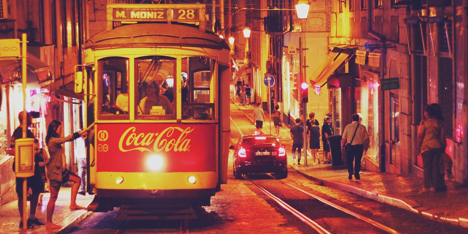 Tram 28 at night, Lisbon, Portugal