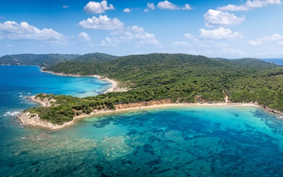 Panoramic aerial view of the beach at Mandraki, Skiathos island, Sporades, Greece, with lush pine tree forest and emerald sea