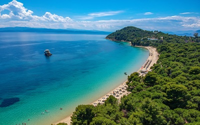 Aerial view over Koukounaries beach in Skiathos island, Sporades, Magnesia, Greece.