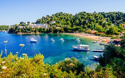 Troulos beach, Skiathos island, Greece. Beautiful vivid panorama view of blue aegean sea coast from wild cliff.  Summer holiday vacation tour to greek islands.