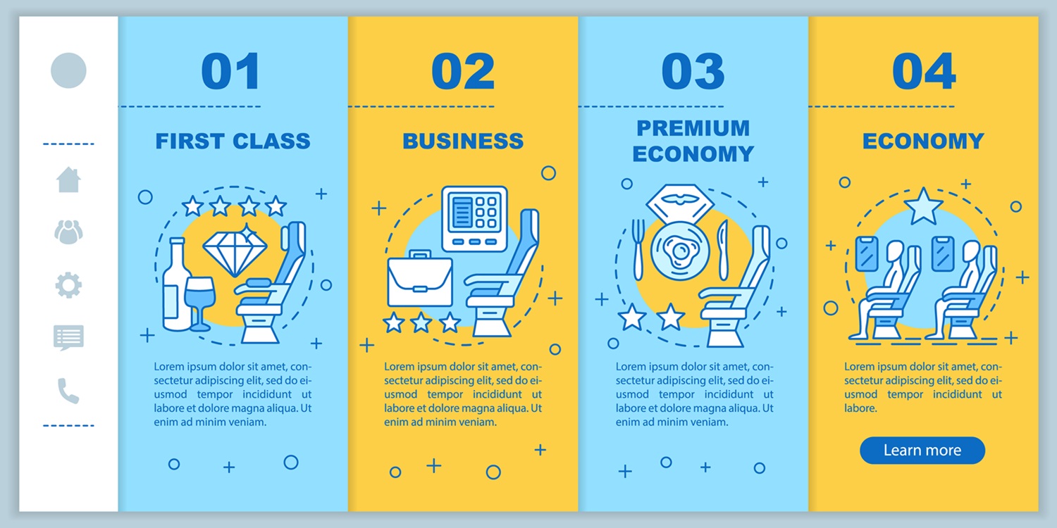 Economy vs Business Class Flights - Aircraft travel class seating onboarding mobile web pages vector template. Responsive smartphone website interface idea with linear illustrations. Webpage walkthrough step screens. Color concept