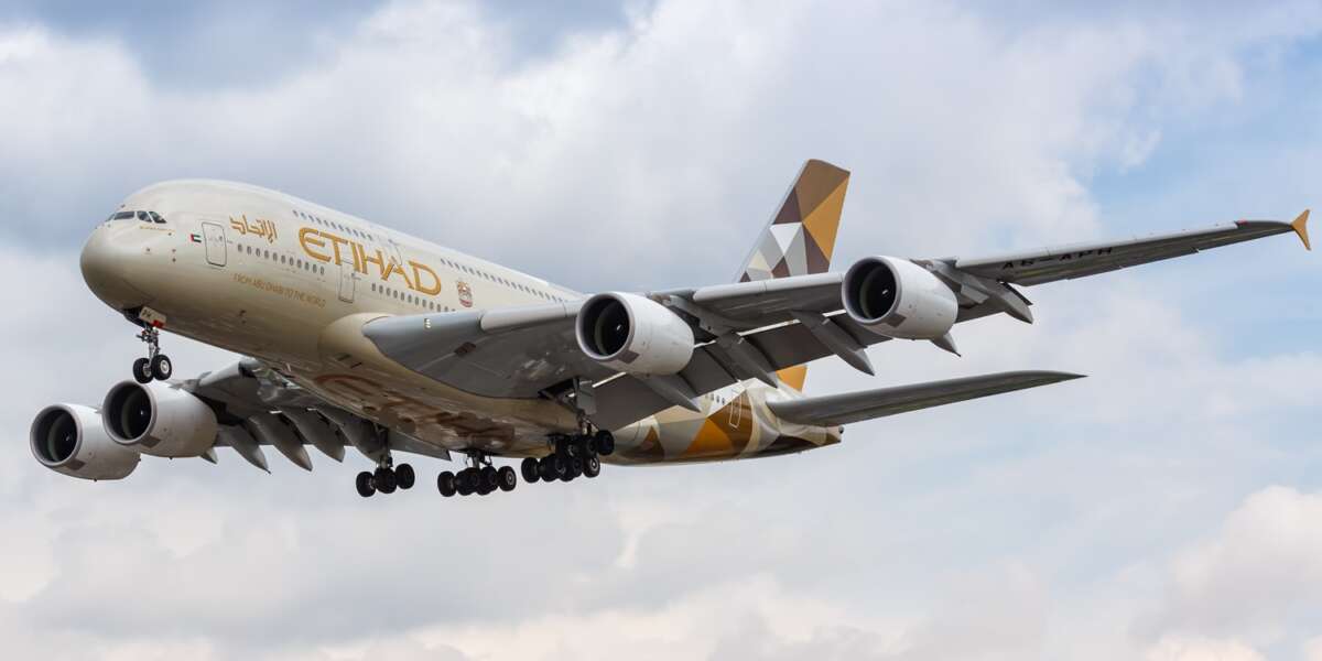 Etihad Airbus A380 airplane London Heathrow airport in the United Kingdom