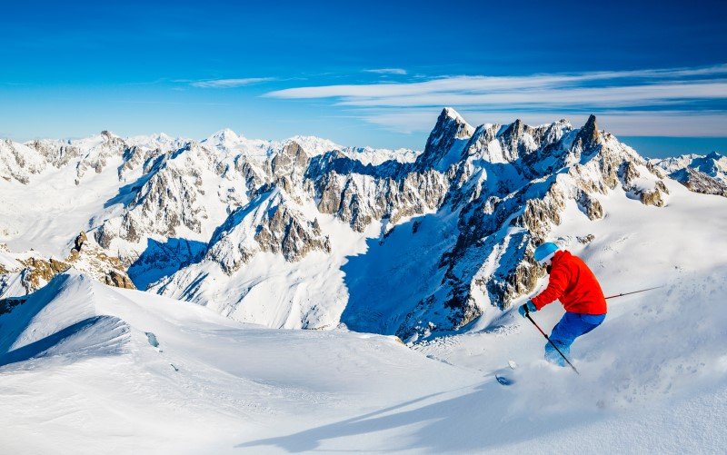 Chamonix Ski Vallee Blanche with amazing panorama of Grandes Jorasses and Dent du Geant from Aiguille du Midi, Mont Blanc mountain, Haute-Savoie, France