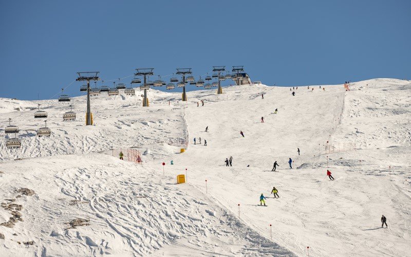 Madonna di Campiglio ski, Trentino, Aerial drone view ursus snowpark in Val Rendena dolomites Italy in winter